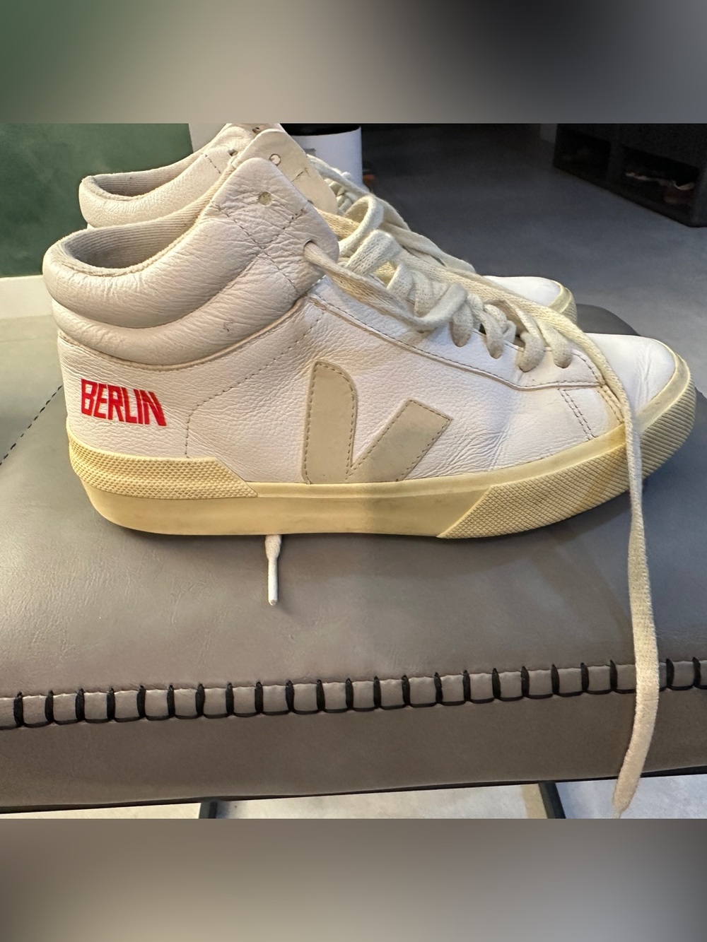 Veja V-10 Sneakers in Off-White with Red Accent